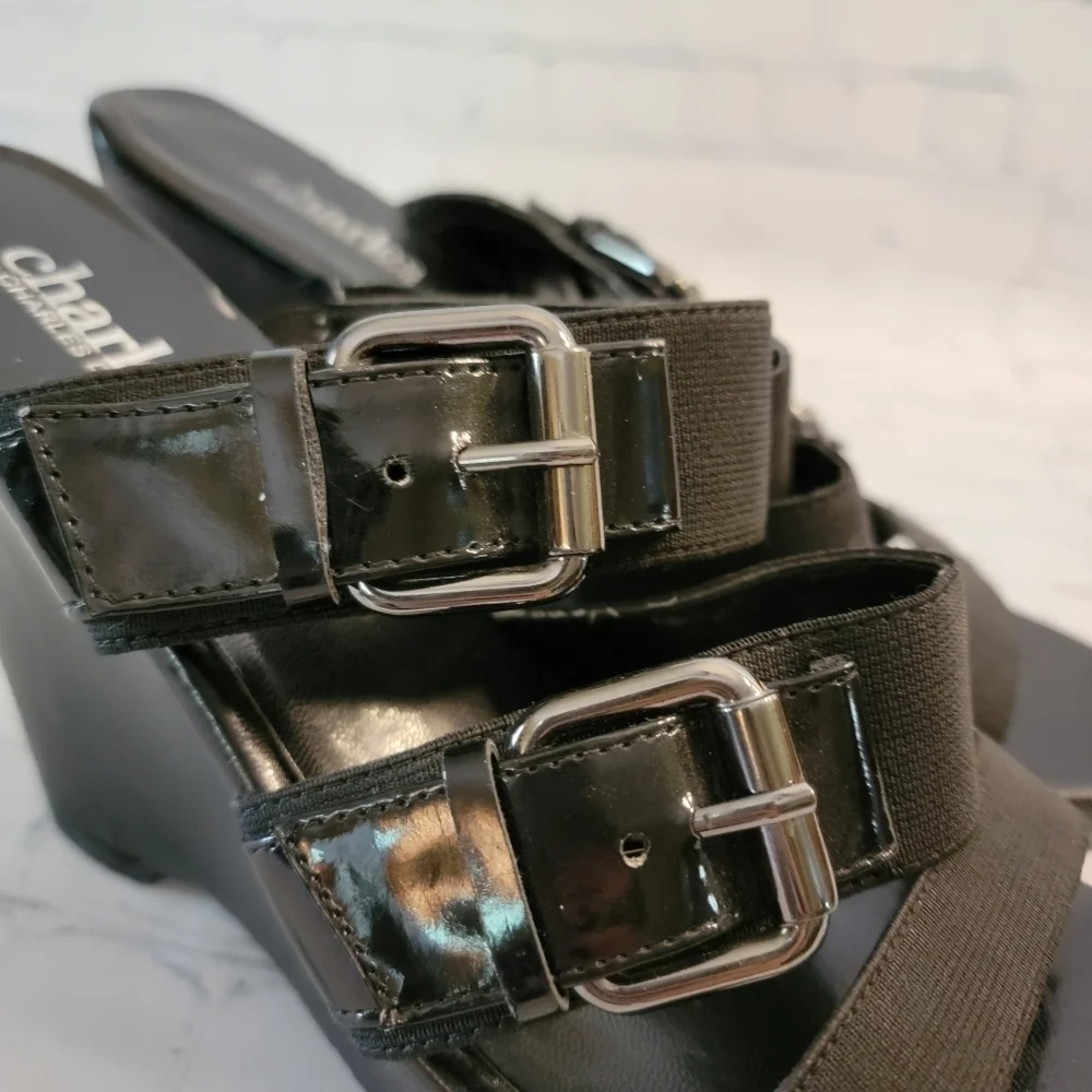 Charles by Charles Davis Black Strappy Buckle Wedge Sandles Size 10 B
